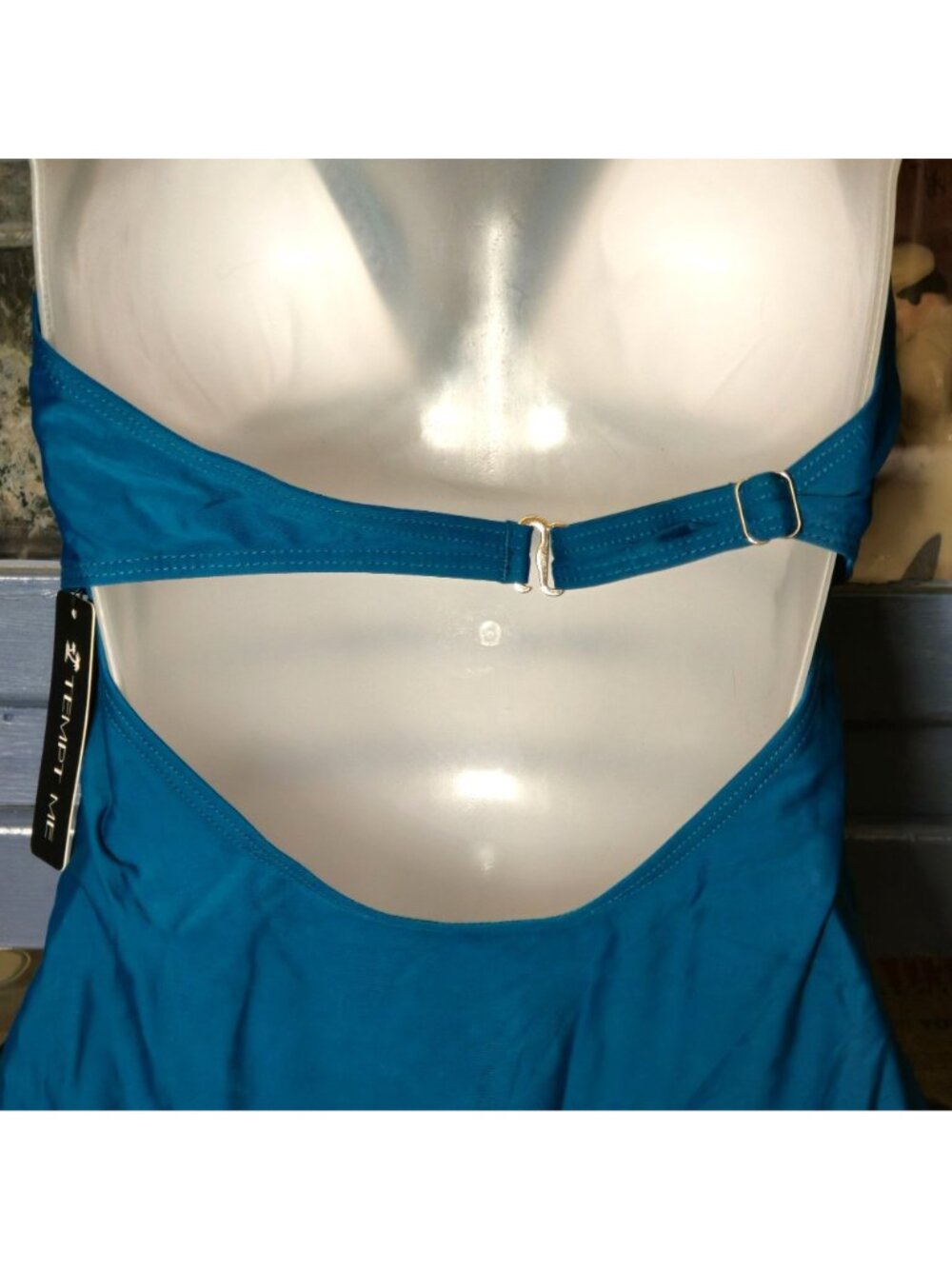 Blue One-Piece Swimsuit LG Halter Lace Cutout V Neck Adjustable Strap Lined - Picture 7 of 8